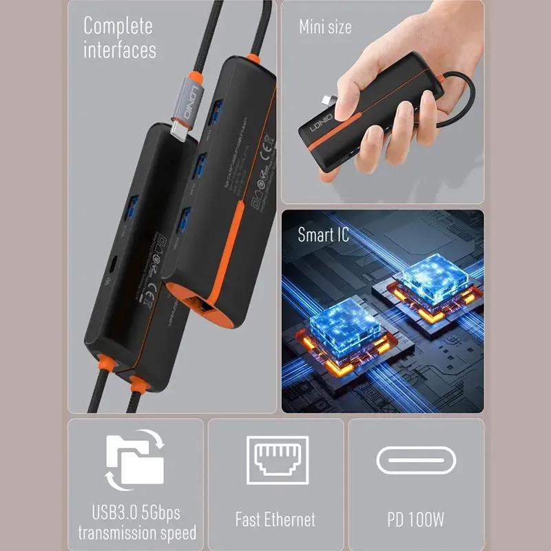 هاب 6 پورت تایپ سی الدینیو مدل 6in1 Type-c Hub Adapter DS-26H توان 100 وات image gallery