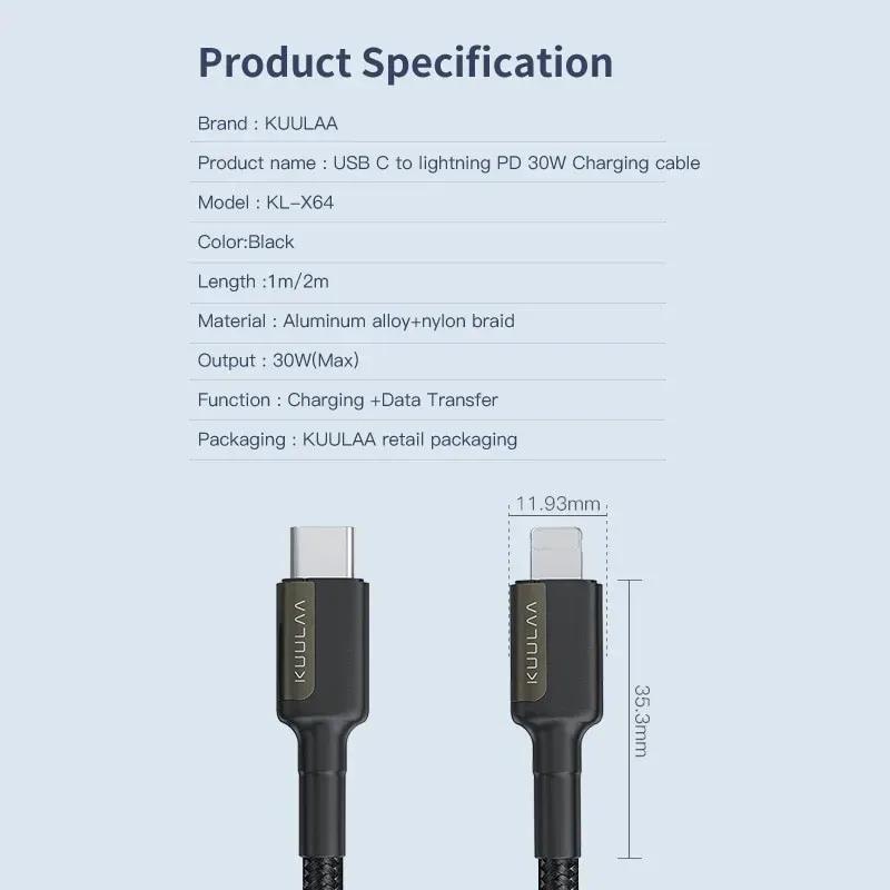 کابل شارژ USB-C به Lightning کولا مدل KL-X64 طول ۱ متر 30 وات image gallery