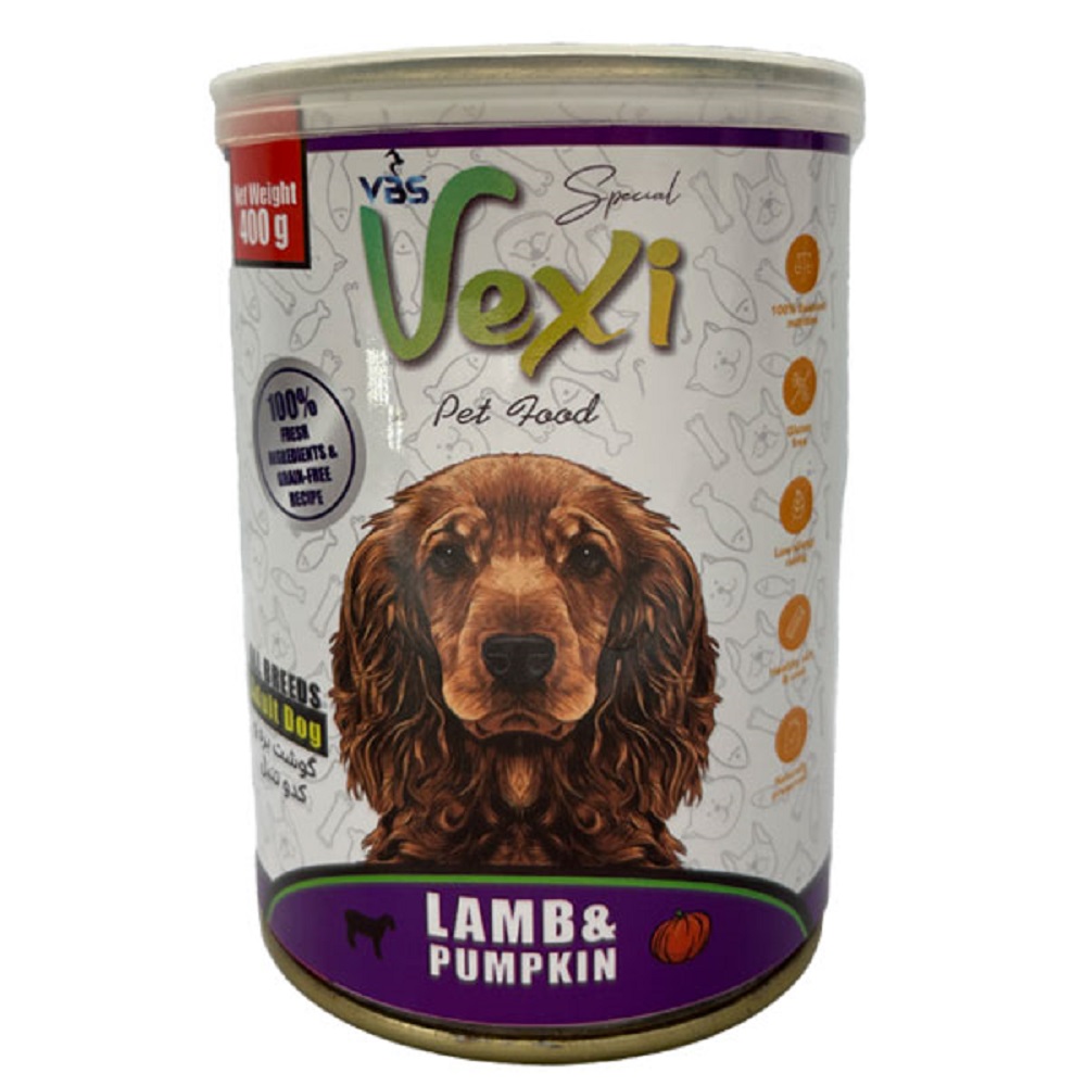 کنسرو سگ بالغ وکسی طعم گوشت بره و کدو تنبل 400g